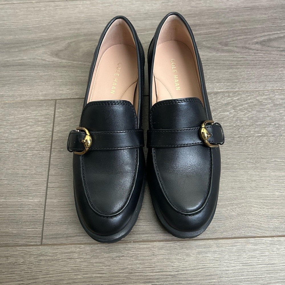 Cole Haan Women's Black Leather Loafers with Gold Buckle